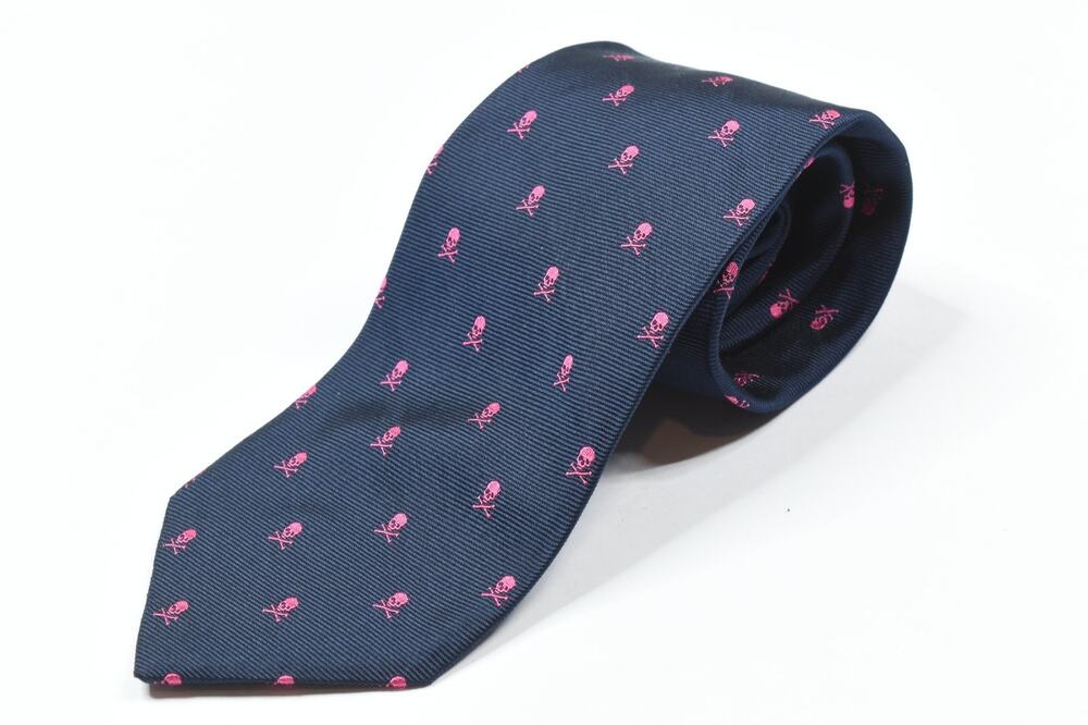 O'Connell'S Lee Allison 4 in Hand Neck Tie Mens Blue Pink Skulls Silk Classic